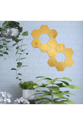 Qingmipy 12 Adet Çıkarılabilir Dekoratif Ayna Çıkartması - Yatak Odası, Banyo Ve Salon İçin Dıy Hexagon Duvar Sticker Altın