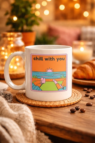 Chill With You Tasarımlı Porselen Kupa Model 35 - Sıcacık Anlar İçin Özel Tasarım Kahve Kupası Düz Renkli