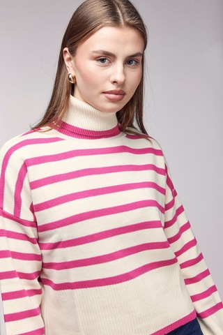 Sââde Çizgili Balıkçı Yaka Oversize Triko Kazak Pembe