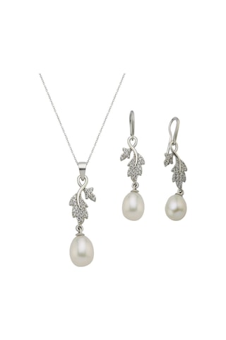 8,5 Mm Yaprak Taşlı Doğal İnci Sallantılı Küpe Kolye İkili Set