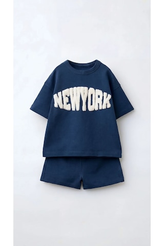 Magu Erkek Çocuk Pamuklu Mavi New York Yazı Aplikeli T-shirt Şort Takım
