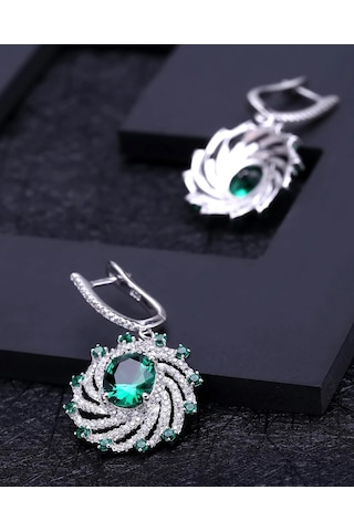 Brezza Lusso Jewelry Zümrüt Oval Taşlı Luxury Vintage Kadın Gümüş Kolye Küpe Set