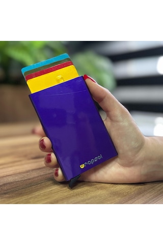 Wrapsol Mekanizmalı Kartlık Rfid Korumalı Alüminyum Otomatik Mekanizmalı Kredi Kartlık Renkli Mat Kırmızı Parlak Mor Parlak Mor