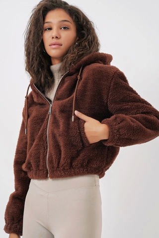 Defymoda 5193 Kapüşonlu Peluş Crop Ceket - Kahverengi Kahverengi