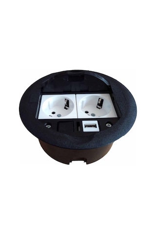 Masa Üstü Priz Kutusu Gömme Tip Siyah + 2 Ad. Priz + 1 Ad. USB Ge