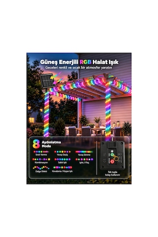 Robeve Güneş Enerjili Solar Led Halat Işık Led Işık Yılbaşı Işık 10 Metre Suya Dayanıklı 8 Modlu Dış Mekan Iç Mekan Bahçe Balkon Teras Ağaç Dekoratif Hortum Aydınlatma Yılbaşı Işığı Rgb Çok Renkli