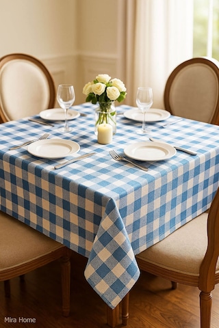 Mira Home Kareli Masa Örtüsü Sofra Bezi 160x160 Cm Happytime Turkuaz