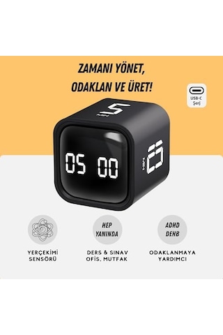 Gt-1 Pomodoro Zamanlayıcı Küp, Flip Timer, Öğrenci Ders Çalışma Saati, 5/10/30/60 Dk & Özel Geri Sayım, Usb Şarjlı, Sessiz/titreşimli Alarm, Mutfak Kronometresi - Siyah