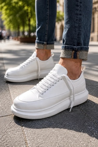 Mevese Meverk Cilt Erkek Sneaker Ayakkabı Kalın Taban Günlük Beyaz