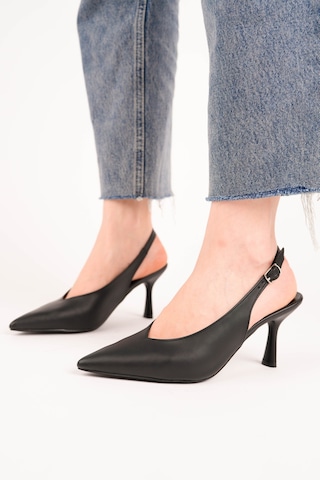 Esatsani Siyah Cilt Deri Sivri Burun Arka Açık 9 Cm Topuk Vısıon Stiletto Kadın Ayakkabı Siyah Cilt Deri