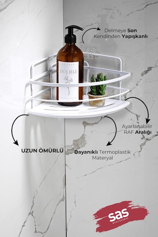 2’li Kancalı Yapışkanlı Banyo Duş Köşe Rafı – Ayarlanabilir Kristal Raf (Yapıştır/Vidala) Beyaz-Beyaz - LK-01 - BB