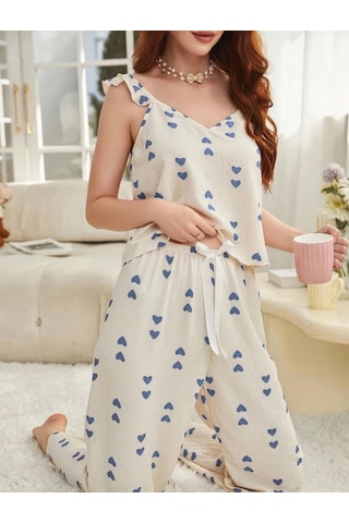 Fantezia Kadın Ekru Mavi Kalp Desenli Yumuşak Pamuklu Uzun Pijama Takımı 5137