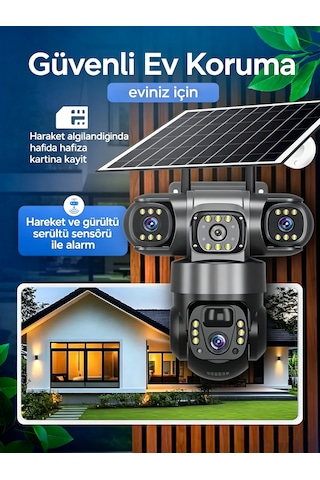 3 Kamera 64 Gb Hafıza Kartı Dahildir Güneş Paneli, 4g Sım, 4k Çözünürlük Uzaktan Kontrol V380pro İle Hareket Algılama Gece Görü İç Mekan Ve Dış Mekân Dahil Her Yerde Kullanılabilir.