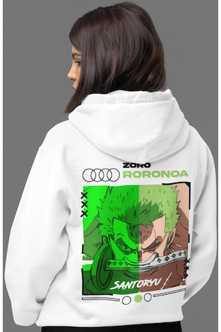 Sevbano Roronoa Zoro One Piece Sırt Baskılı Unisex Oversize Penye Hoodie beyaz