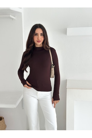 Kadın Yarım Balıkçı Yaka Parmak Geçmeli Full Likralı Buzz Body Kahverengi