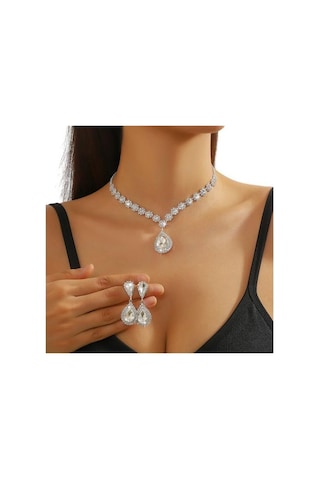 Beyaz 2 Adet/takım Kadınlar Düğün Takısı Seti Su Damlası Şekli Parlayan Sahte Kristal Gerdanlık Kolye Dangle Küpe Seti Beyaz