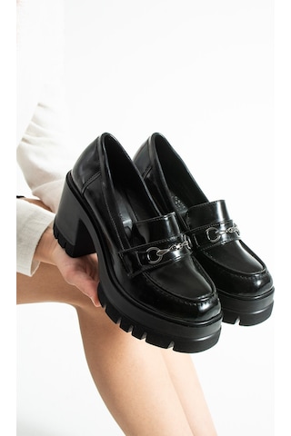 Dabab Shoes Chonora Kadın Siyah Rugan Zincir Detaylı Kalın Taban Topuklu Loafer