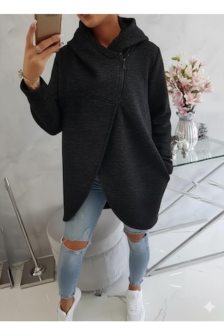 Kırçıllı Siyah Kadın Asimetrik Fermuarlı Oversize Kapüşonlu Sweatshirt Kalın Kumaş Rahat Günlük Tarz Füme