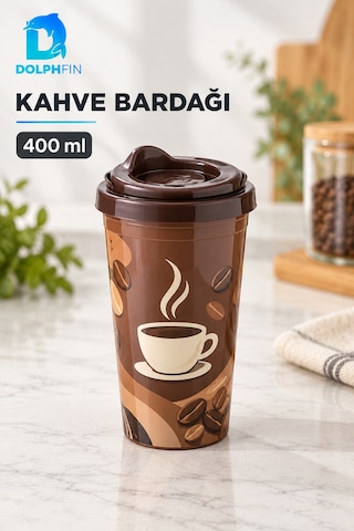 Desenli Kahve Bardağı 400 Ml Kapaklı Plastik İçecek Bardağı Çok Renkli