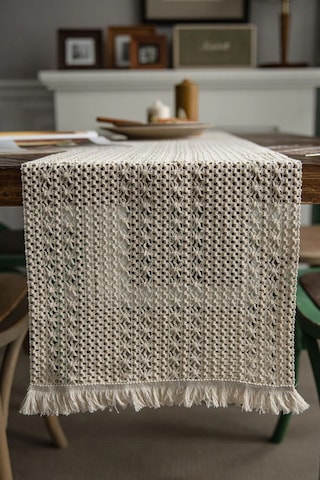 Vivamaison Ham Pamuk Örme Dantel Püsküllü Runner Masa Örtüsü Krem