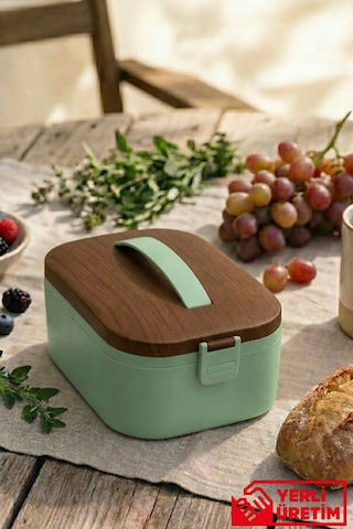 Lunchee - Çelik Bölmeli Sızdırmaz Ahşap Görünümlü Vakum Kapaklı Yemek Kabı Lunchbox 650 Ml Yeşil