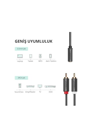 Ugreen 3.5 Mm Jack Girişi Aux To 2 Rca Ses Aktarma Kablosu 1 Metre, 10588