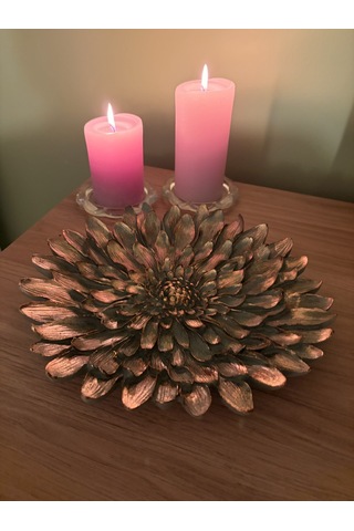 Dekoratif Çiçek Tabak / Sunumluk Haki & Altın Yaldız Eskitme 28 Cm