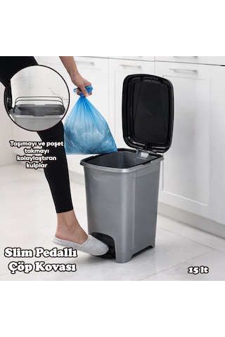 Porsima 0123 Pedallı Metalize Banyo Mutfak Çöp Kovası Siyah Kapaklı Slim Pedallı Çöp Kovası 15 Litre Siyah