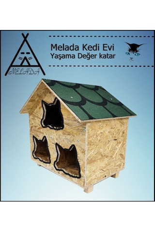 Melada Kedi Evi Dış Ortam Uygun Ahşap Kedi Evi Osb 58x58x40 Cm