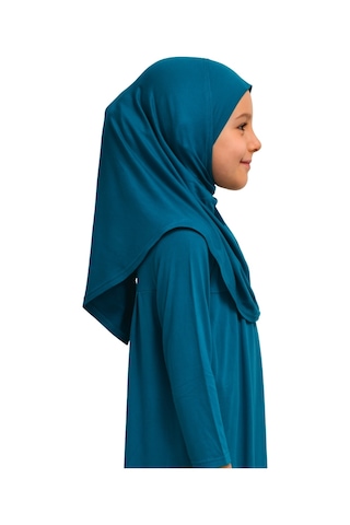 Penye Kendinden Başörtülü Çocuk Namaz Elbisesi Petrol Mavisi/ 6-7-8 Yaş Petrol