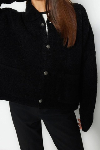 Ersefa Kadın Modern Tarz Oversize Polo Yaka Regular Triko Hırka Siyah