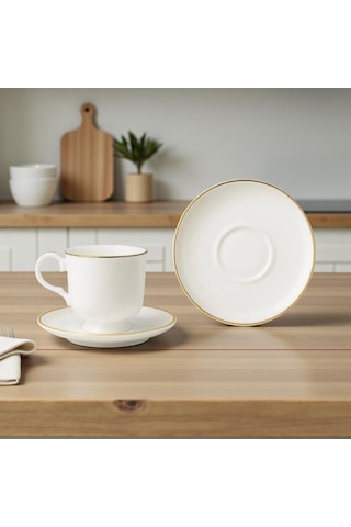 Özlife Moon Porselen Yaldızlı Kahve Fincanı Seti Takımı 6 Kişilik 9018 Beyaz