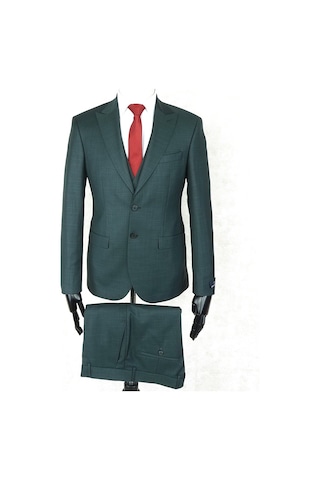 Jan Carlucci Slim Fit Sivri Yaka-çift Yırtmaç Koyu Yeşil Drop 6 Yelekli Takım Elbise Yeşil