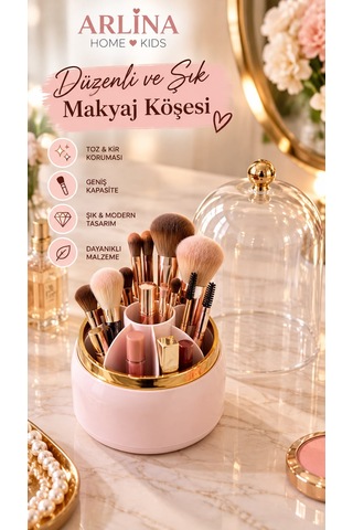 7 Bölmeli Kapaklı Pembe Makyaj Fırçası Ve Kozmetik Organizeri