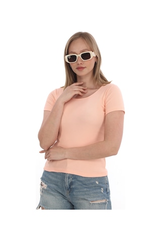 Monox Kadın Fitilli Likralı Pamuk Basic Tshirt Somon