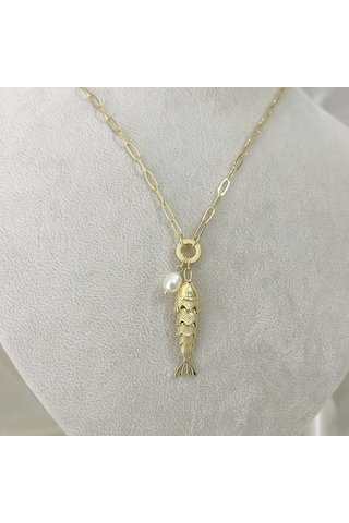 İncili Hareketli Balık Kolye Gold Gold