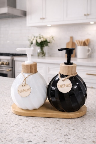 Makri Home 2'li Sıvı Sabunluk & Deterjanlık Seti, Bambu Stantlı, Stant 17,5x8,5 Cm, Şişe 400 Ml 15x10 Cm Beyaz - Siyah