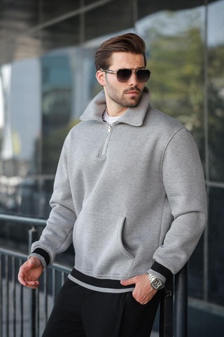 Madmext Grimelanj Fermuarlı Dik Yaka Kanguru Cep Erkek Sweatshirt E7159 Grimelanj