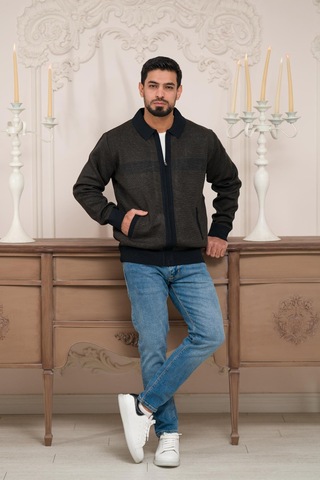 Woolen World Polo Yaka Fermuar Kapamalı Klasik Kesim Astarlı Desenli Çelik Örgü Hırka Kahverengi