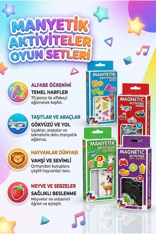 4'lü Magnet Oyun Seti 30 Parça Taşıtlar Meyveler Hayvanlar Ve 70 Parça Alfabe Oyun Seti