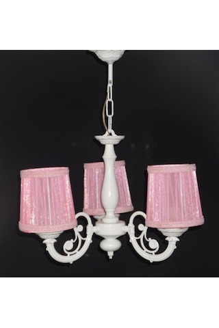 3 Lü Pembe Başlıklı Beyaz Ahşap Gövdeli Çocuk Odası Salon Avizesi