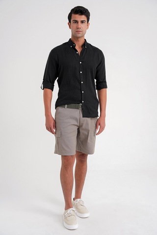 Comfort Fit Düğme Yaka Katlanır Kol %100 Keten Düz Siyah Gömlek G 1595 Siyah