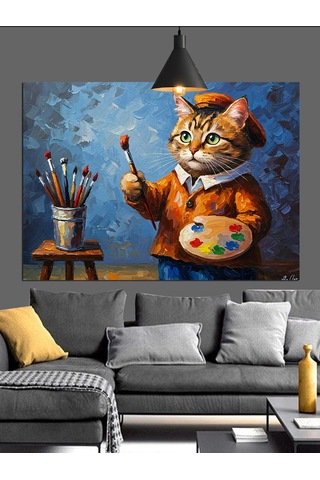 Ressam Kedi Fırça Tutuyor Dekoratif Kanvas - Mdf Ahşap Tablo