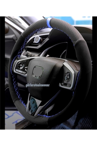 Honda Cıvıc Alkantra Karbon Dikme Direksiyon Kılıfı Mavi Yüzüklü