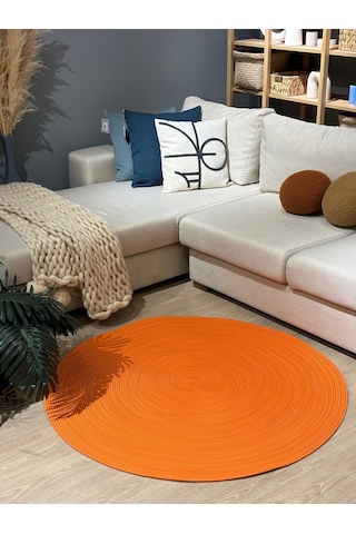 Turuncu Jüt Yuvarlak Hasır Görünümlü Klasik Halı Kilim Turuncu