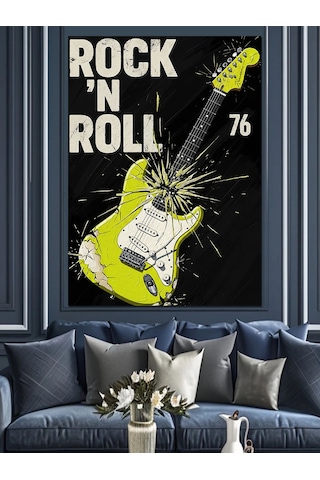 Ahşap Tablo Neon Yeşil Elektrogitar Rock'n Roll Afişi