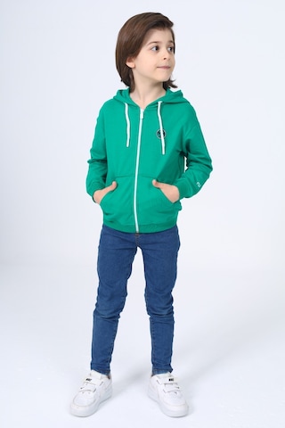 Toontoy Kids Toontoy Erkek Çocuk Kapüşonlu Fermuarlı Cepli Düşük Omuz Baskılı Örme Hırka - 3 İplik Şardonsuz Koyu Yeşil