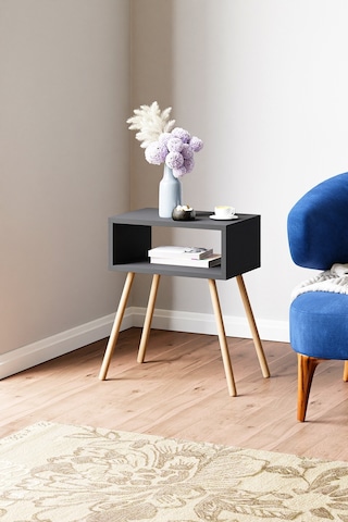 İntergo Ahşap Ayaklı Raflı Komodin Antrasit Gri