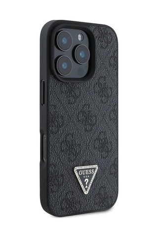 Apple Uyumlu iPhone 16 Pro Max Kılıf Guess Lisanslı Pu Deri Taşlı Üçgen Logo 4g Desenli Strass Kapak Siyah