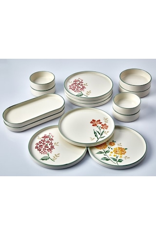Kitchen Life 14 Parça 6 Kişilik Flowers Stackable Kahvaltı Takımı - Lüx Kahvaltılık Sunum Seti Tabağı Beyaz